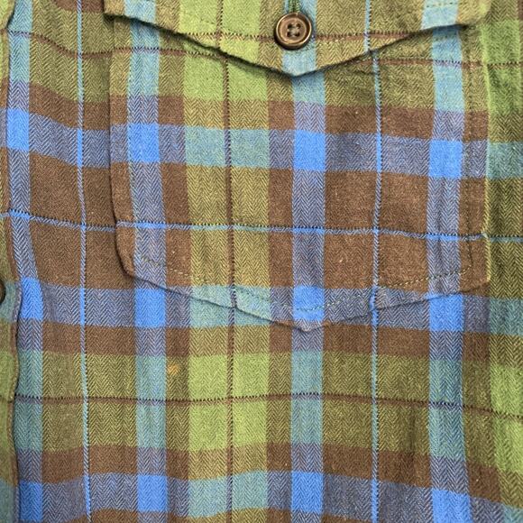 VINCE Size S Green Blue Plaid Cotton Blend Raw Edge Long Sleeve Shirt - Picture 7 of 7
